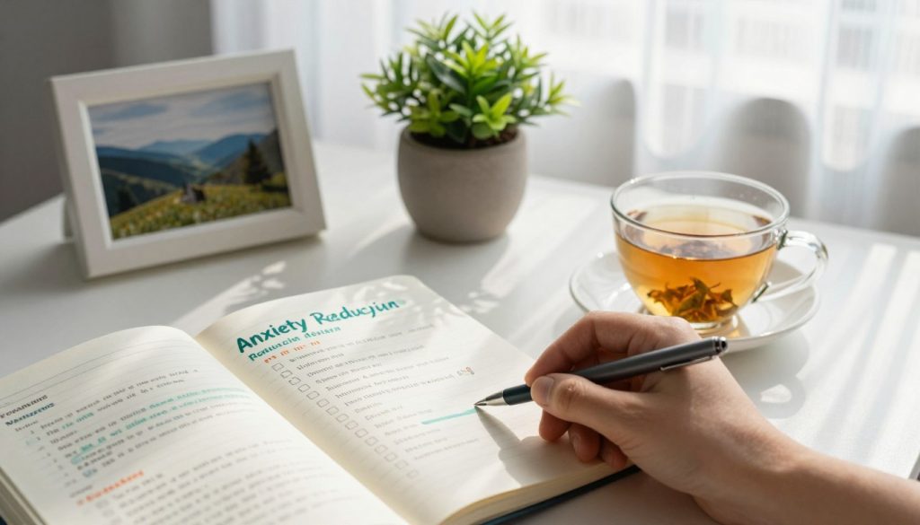 A beautifully arranged workspace featuring an open notebook with a vibrant anxiety reduction lifestyle plan, alongside a calming cup of herbal tea. In the foreground, a hand gently highlights a checklist of wellness activities. In the middle, a small potted plant and a framed photo of serene landscapes suggest tranquility. The background shows a softly lit room with natural light filtering through sheer curtains, casting gentle shadows. The atmosphere is peaceful and encouraging, inviting focus and reflection. The color palette is soft and calming, with greens, blues, and warm neutrals. The image conveys a sense of organization and commitment to mental wellness, emphasizing a professional yet welcoming environment.