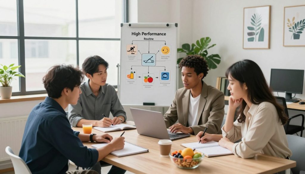 A bright, airy office space with large windows casting soft natural light, showcasing a modern desk with a laptop, planner, and healthy snacks such as fruits and nuts. In the foreground, a diverse group of three professionals dressed in smart casual attire collaborate around the desk, their expressions focused and engaged. In the middle, a whiteboard displays a visually appealing flowchart of a balanced high-performance routine, including icons representing exercise, nutrition, and mindfulness. The background features indoor plants and motivational artwork, creating a vibrant yet calming atmosphere. The angle is slightly elevated, capturing both the workspace and the engaged individuals, promoting a sense of productivity and harmony in routine management.