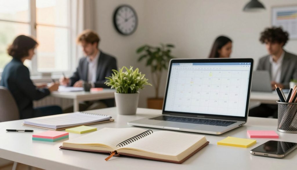 A detailed and vibrant depiction of an optimal daily schedule. In the foreground, a neatly arranged desk with a planner open, colorful sticky notes, and a laptop displaying a calendar. In the middle ground, a wall clock showing a balanced time representation, along with potted plants for a touch of nature. In the background, soft lighting filters through a window, illuminating the entire scene with a warm, inviting glow. The workspace conveys a sense of calm organization, with professional individuals in business attire collaborating and discussing ideas, evoking a productive atmosphere. The image captures the essence of balance, focus, and high performance in a modern setting.