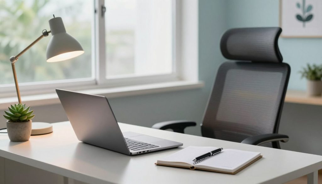 A modern, efficient workspace designed for productivity, featuring a clean, clutter-free desk with a sleek laptop open on a minimalist surface. In the foreground, a potted succulent adds a touch of greenery, while a stylish desk lamp casts warm, inviting light. Moving to the middle ground, an ergonomic chair positioned perfectly, alongside a notepad with organized notes and a high-quality pen. The background showcases a large window with natural light streaming in, illuminating light-colored walls adorned with motivational artwork. A calming color palette of soft blues and greens enhances the serene atmosphere. The mood is focused and organized, reflecting a stress-free environment conducive to efficient work habits.