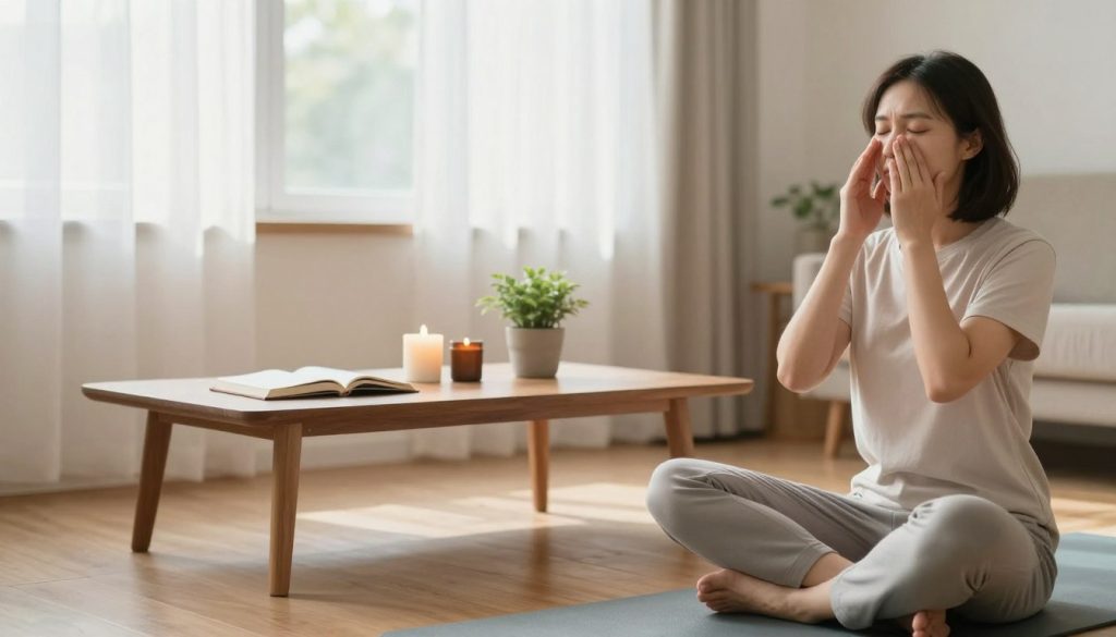 A serene and calming scene depicting various anxiety management tips. In the foreground, a person in modest casual clothing sits cross-legged on a yoga mat, practicing deep breathing with closed eyes, surrounded by soft, natural light. In the middle, a wooden coffee table displays mindfulness tools: a journal, a candle, and a small potted plant, creating a cozy atmosphere. In the background, a sun-drenched window reveals softly flowing curtains, enhancing the sense of tranquility. The color palette includes soothing pastels and earthy tones to evoke relaxation. The overall mood is peaceful and introspective, illustrating daily mindfulness practices and relaxation exercises.