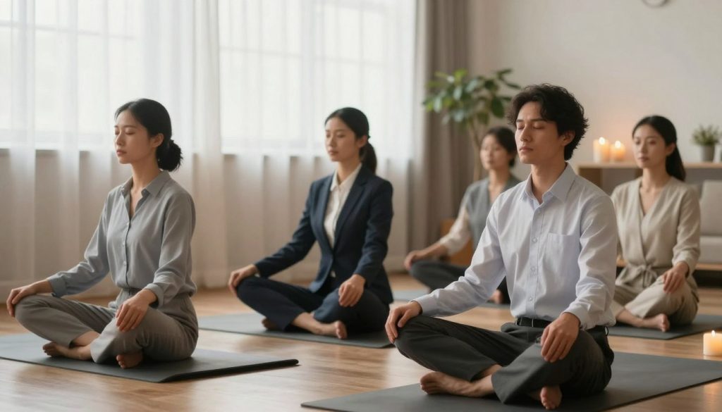 A serene indoor environment showcasing a diverse group of individuals practicing breathing techniques for stress relief. In the foreground, three people—one male and two females, dressed in professional business attire—are seated cross-legged on yoga mats, each in a calm and focused posture, with their hands resting on their knees. Their expressions convey tranquility and concentration. The middle ground features soft, diffused light filtering through sheer curtains, creating a warm and inviting atmosphere. In the background, a small indoor plant and calming decor elements like candles and soft cushions enhance the setting. The overall mood is peaceful and empowering, depicting an effective and calming approach to mastering breathing techniques.