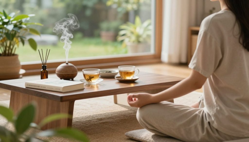 A serene indoor scene illustrating nervous system regulation strategies. In the foreground, depict a comfortable meditation space with a person in modest casual clothing practicing mindfulness, sitting cross-legged on a soft mat surrounded by soothing plants. In the middle, showcase a table with books on nervous system health, herbal teas, and a calming essential oil diffuser emitting gentle wisps of vapor. In the background, add a large window with natural light streaming in, revealing a peaceful garden outside. The atmosphere is calm and restorative, with soft warm tones and a focus on tranquility. Include a shallow depth of field to emphasize the person and their surroundings, creating an inviting and harmonious environment.