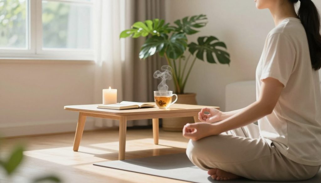 A serene indoor setting for stress reduction techniques, showcasing a cozy room with soft, natural lighting filtering through large windows. In the foreground, a calm individual in comfortable, modest casual clothing sits cross-legged on a yoga mat, practicing mindfulness meditation. In the middle, a small table displays calming elements: a lit scented candle, a journal, and a steaming cup of herbal tea. A lush indoor plant fills one corner, adding vibrant greenery to the scene. In the background, light pastel-colored walls create a soothing atmosphere, while gentle sunlight casts warm shadows, enhancing the peaceful mood of the environment. The overall ambiance is tranquil and inviting, encouraging viewers to reflect on their own stress levels.