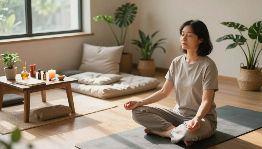 A serene indoor setting showcasing various mindfulness techniques for longevity. In the foreground, a person in modest casual clothing sits cross-legged on a yoga mat, practicing deep breathing with closed eyes, radiating tranquility. To the left, a small table holds colorful mindfulness tools, like a journal, essential oils, and a candle, illustrating personal reflection. In the middle ground, a cozy meditation nook with soft cushions and plants creates an inviting atmosphere. The background features a large window allowing gentle sunlight to stream in, casting soft shadows and enhancing a peaceful ambiance. The overall mood is calming and reflective, emphasizing a holistic approach to mindful living. Use warm lighting, a slightly elevated angle to capture the space, and focus on harmony and balance in composition. A serene indoor setting showcasing various mindfulness techniques for longevity. In the foreground, a person in modest casual clothing sits cross-legged on a yoga mat, practicing deep breathing with closed eyes, radiating tranquility. To the left, a small table holds colorful mindfulness tools, like a journal, essential oils, and a candle, illustrating personal reflection. In the middle ground, a cozy meditation nook with soft cushions and plants creates an inviting atmosphere. The background features a large window allowing gentle sunlight to stream in, casting soft shadows and enhancing a peaceful ambiance. The overall mood is calming and reflective, emphasizing a holistic approach to mindful living. Use warm lighting, a slightly elevated angle to capture the space, and focus on harmony and balance in composition.