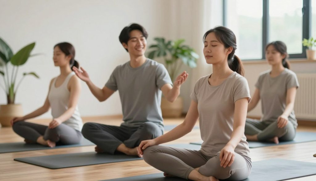 A serene indoor space dedicated to nervous system regulation techniques, featuring a diverse group of three individuals practicing breathing exercises and somatic techniques. In the foreground, a woman in comfortable, modest clothing sits cross-legged on a yoga mat, eyes closed, focusing on her breath, radiating calmness. The middle ground shows another person guiding the breathing technique, demonstrating a lung expansion pose with an inviting smile. The background reveals soft natural light filtering through large windows, illuminating plants and soothing colors, creating a tranquil atmosphere. The composition captures the essence of inner peace and mindfulness, emphasizing the power of breath in regulating the nervous system. The overall mood is serene, inviting, and supportive, ideal for fostering a sense of immediate calm and connection to the body.