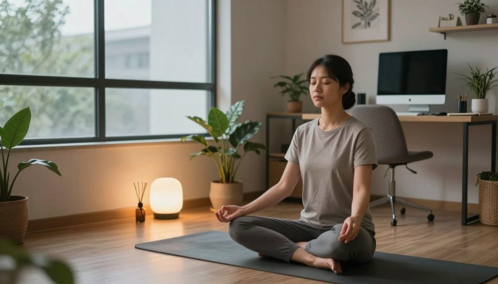 A serene indoor workspace featuring a professional individual practicing mindfulness techniques. In the foreground, a person in modest casual clothing sits cross-legged on a yoga mat, eyes closed, embodying calmness and focus. In the middle, a soft, ambient light filters through large windows, illuminating a small indoor plant and an essential oil diffuser, creating a tranquil atmosphere. The background showcases a simple desk with a computer and notepads, herbs on a shelf, and calming artwork on the walls. The composition is captured from a slightly elevated angle to emphasize the peaceful setting, evoking a sense of tranquility and productivity. The image conveys a mood of serenity and focused energy, ideal for peak performance practices. A serene indoor workspace featuring a professional individual practicing mindfulness techniques. In the foreground, a person in modest casual clothing sits cross-legged on a yoga mat, eyes closed, embodying calmness and focus. In the middle, a soft, ambient light filters through large windows, illuminating a small indoor plant and an essential oil diffuser, creating a tranquil atmosphere. The background showcases a simple desk with a computer and notepads, herbs on a shelf, and calming artwork on the walls. The composition is captured from a slightly elevated angle to emphasize the peaceful setting, evoking a sense of tranquility and productivity. The image conveys a mood of serenity and focused energy, ideal for peak performance practices.
