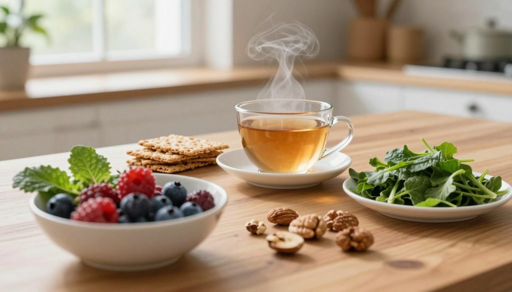 A serene kitchen scene focusing on a beautifully arranged wooden table filled with nutrient-rich foods that promote stress management. In the foreground, a vibrant bowl of mixed berries, bright green leafy vegetables, and assorted nuts are artfully displayed. In the middle ground, a steaming cup of herbal tea is placed beside a small stack of whole-grain crackers, showcasing a comforting atmosphere. In the background, soft natural light streams through a window, illuminating the space and creating a calm, inviting mood. A hint of a house plant can be seen, adding a touch of nature. Capture the essence of tranquility and wellness in this peaceful composition.