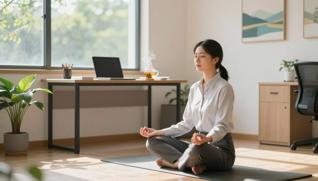 A serene office environment during a strategic break, showcasing an open window with soft sunlight flooding the room. In the foreground, a professional in business attire is practicing mindfulness, sitting cross-legged on a comfortable yoga mat. Nearby, a small indoor plant adds a touch of nature, symbolizing tranquility. In the middle ground, a tidy desk with a closed laptop and a steaming cup of herbal tea suggests a moment of relaxation, while artwork on the walls features calming landscapes. The background presents a bright, airy view of greenery outside, enhancing the sense of peace. The overall atmosphere is calm and rejuvenating, emphasizing the importance of taking breaks to reduce stress in a professional setting. Natural lighting creates a warm, inviting mood.
