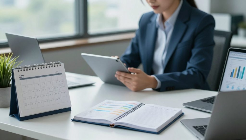 A serene office setting illustrating effective time management strategies. In the foreground, an organized desk with a stylish calendar, a planner filled with color-coded tasks, and a laptop displaying productivity charts. Next to the desk, a potted plant adds a touch of nature. In the middle ground, a professional dressed in a tailored business suit, deeply focused on a digital tablet, symbolizes productivity. The background features a large window allowing soft, natural light to illuminate the room, creating a calm and inspiring atmosphere. The color palette includes soothing blues and greens, enhancing the feeling of tranquility and efficiency. The angle should be slightly elevated, capturing the overall layout harmoniously while maintaining a clean and professional aesthetic.