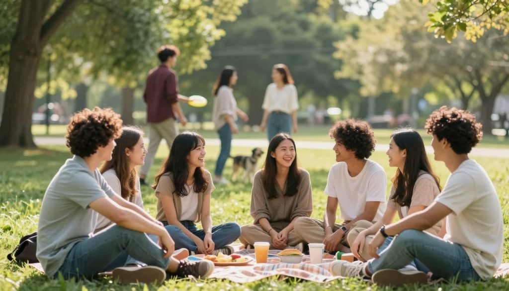 A serene outdoor park scene portraying a diverse group of individuals enjoying each other's company, emphasizing social connections and stress relief. In the foreground, a multi-ethnic group of friends, dressed in casual but modest attire, are sitting together on a picnic blanket, laughing and sharing stories. In the middle ground, we see others engaging in an activity, such as playing frisbee or walking a dog, symbolizing camaraderie and support. The background features lush greenery and soft sunlight filtering through the trees, creating a warm and inviting atmosphere. Opt for a soft-focus lens effect to evoke a sense of tranquility and connection, with natural lighting highlighting the joyful expressions of the individuals. The overall mood should be uplifting and relaxing, encapsulating the essence of supportive relationships.