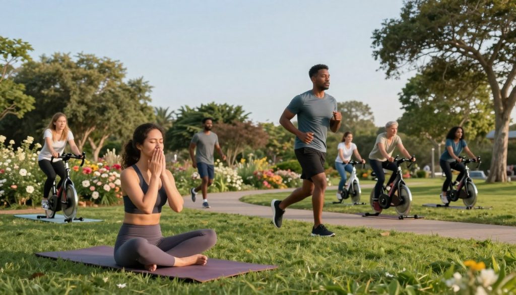 A serene outdoor scene depicting a diverse group of individuals engaging in various forms of exercise, highlighting anxiety reduction through physical activity. In the foreground, a woman in modest athletic wear practices yoga on a vibrant green lawn, embodying calmness. In the middle, a man jogs along a scenic path, surrounded by blooming flowers and tall trees, exuding vitality and focus. In the background, a small group participates in a cycling class, energetic yet relaxed, under a clear blue sky. The lighting is soft and warm, suggesting early morning or late afternoon, creating an inviting and uplifting atmosphere. The overall mood is one of tranquility and empowerment, emphasizing the positive impact of physical activity on mental well-being.