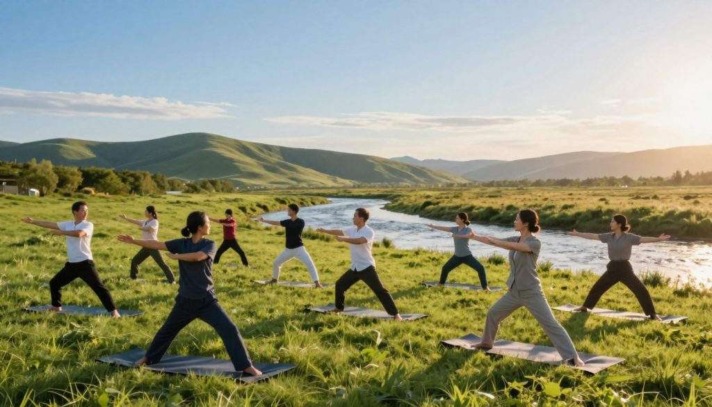 A serene outdoor scene depicting individuals engaging in various movement-based practices to balance their nervous system. In the foreground, a diverse group of people clad in professional business attire and modest casual clothing is practicing yoga and tai chi on a lush, green meadow. In the middle ground, a gentle flowing river reflects sunlight, symbolizing calmness and fluidity. The background features soft hills under a clear blue sky, evoking tranquility. The lighting is warm and inviting, capturing the golden hour glow, enhancing the peaceful atmosphere. Use a wide lens angle to encompass the entire scene, conveying a sense of harmony and community. The overall mood is one of serenity and balance, illustrating the power of movement for nervous system regulation.