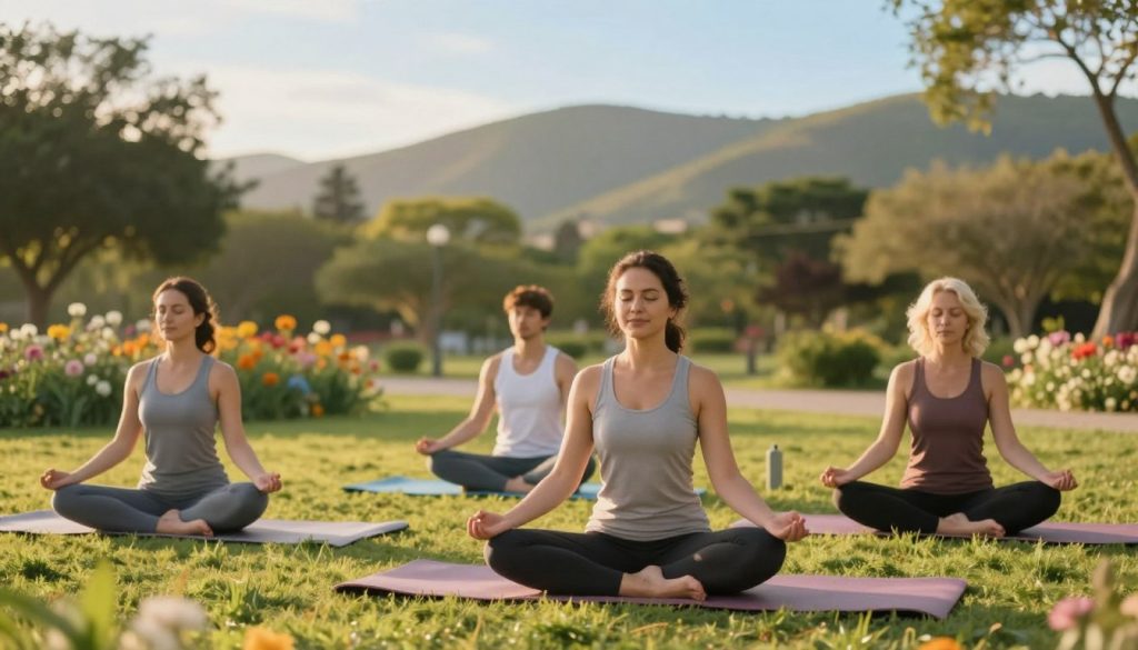 A serene outdoor scene depicting stress reduction through exercise. In the foreground, a diverse group of three individuals in modest, casual athletic wear are engaged in a yoga session on mats, practicing deep breathing with tranquil expressions. The middle layer shows a peaceful park with vibrant greenery and blooming flowers, indicating a calm environment. In the background, soft hills and a clear blue sky create an idyllic atmosphere. The warm, golden hour lighting bathes the scene, giving a soft glow and enhancing the feeling of tranquility. Use a shallow depth of field to focus on the people while softly blurring the background, conveying a sense of peace and relaxation. The overall mood is one of harmony, balance, and stress relief through physical activity.