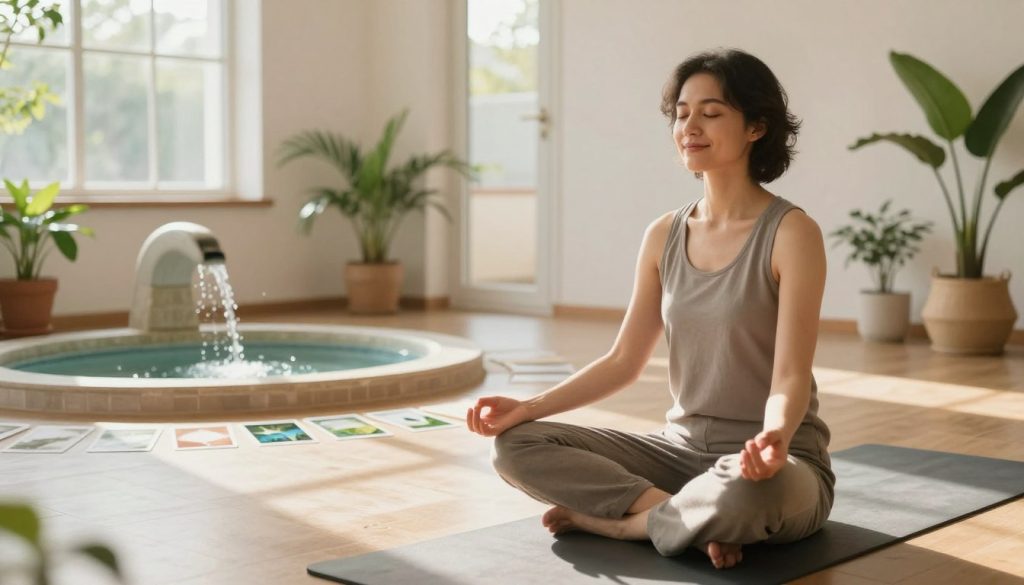 A serene, peaceful scene depicting relaxation strategies for enhancing calm performance. In the foreground, a person in modest casual clothing sits cross-legged on a yoga mat, practicing mindfulness meditation, with gentle, closed eyes and a faint smile. In the middle ground, various elements symbolize relaxation strategies: a soft, flowing water fountain, potted plants, and mindfulness cards with nature imagery. The background features a sunlit room with large windows allowing natural light to flood in, casting soft shadows. The mood is tranquil and uplifting, inviting a sense of calmness. The lighting is warm and soft, reminiscent of a late afternoon glow, using a wide-angle lens to capture the entire scene in a balanced, harmonious composition. A serene, peaceful scene depicting relaxation strategies for enhancing calm performance. In the foreground, a person in modest casual clothing sits cross-legged on a yoga mat, practicing mindfulness meditation, with gentle, closed eyes and a faint smile. In the middle ground, various elements symbolize relaxation strategies: a soft, flowing water fountain, potted plants, and mindfulness cards with nature imagery. The background features a sunlit room with large windows allowing natural light to flood in, casting soft shadows. The mood is tranquil and uplifting, inviting a sense of calmness. The lighting is warm and soft, reminiscent of a late afternoon glow, using a wide-angle lens to capture the entire scene in a balanced, harmonious composition.