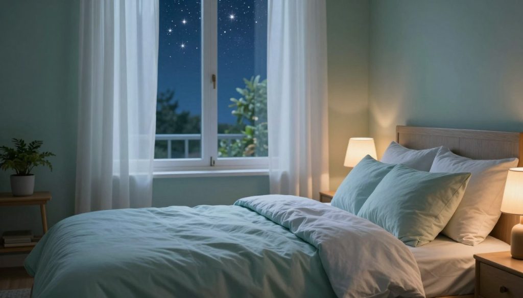 A serene sleep environment designed to foster relaxation and tranquility. In the foreground, a neatly made bed with soft, pastel-colored linens and plush pillows, inviting rest. A bedside table holds a small potted plant, a dimly lit lamp casting a warm glow. In the middle, a large window reveals a tranquil night sky sprinkled with stars, curtains gently billowing in a soft breeze, enhancing the feeling of calm. The background features a soothing color palette of soft blues and greens, conveying a sense of peace. The room is illuminated by warm, ambient lighting, creating a cozy atmosphere. The overall mood is one of comfort and serenity, perfect for promoting the restorative power of sleep.