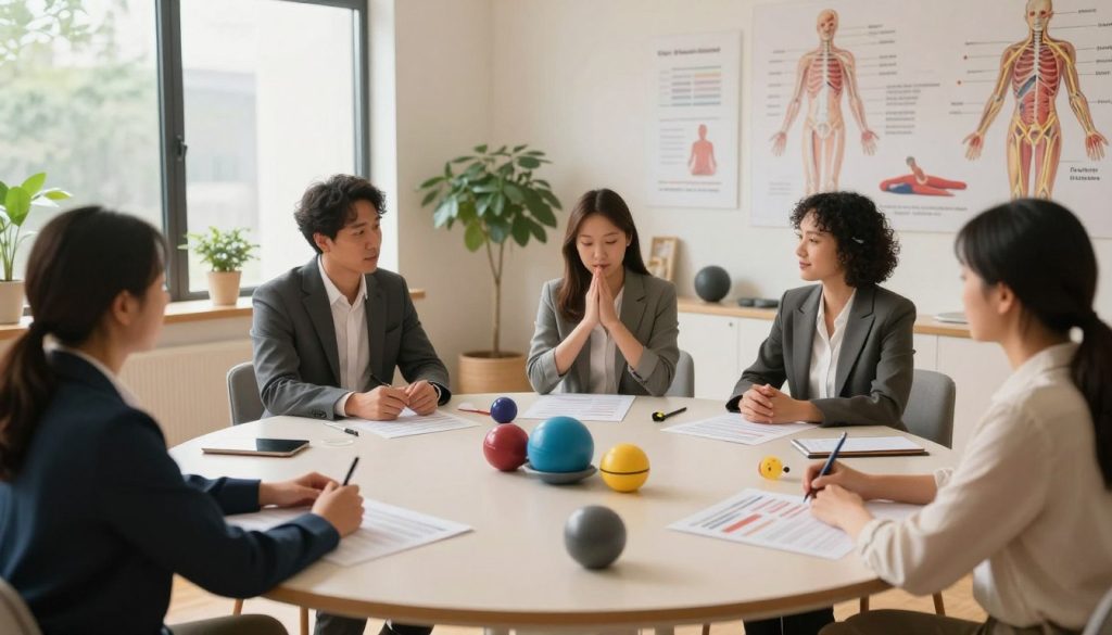 A serene, softly lit therapy room reflecting nervous system regulation techniques. Foreground: a diverse group of four individuals, dressed in professional business attire, engaged in a collaborative discussion around a large circular table filled with relaxation tools such as stress balls and breathing exercise guides. Middle: a large window allowing natural light to flood in, with indoor plants adding a touch of greenery. Background: a calming wall adorned with illustrations of the human nervous system, highlighting techniques such as deep breathing, mindfulness, and gentle movement. The atmosphere is warm and inviting, conveying a sense of safety and support. The angle is slightly elevated, allowing a clear view of the group interaction while maintaining focus on the calming environment.