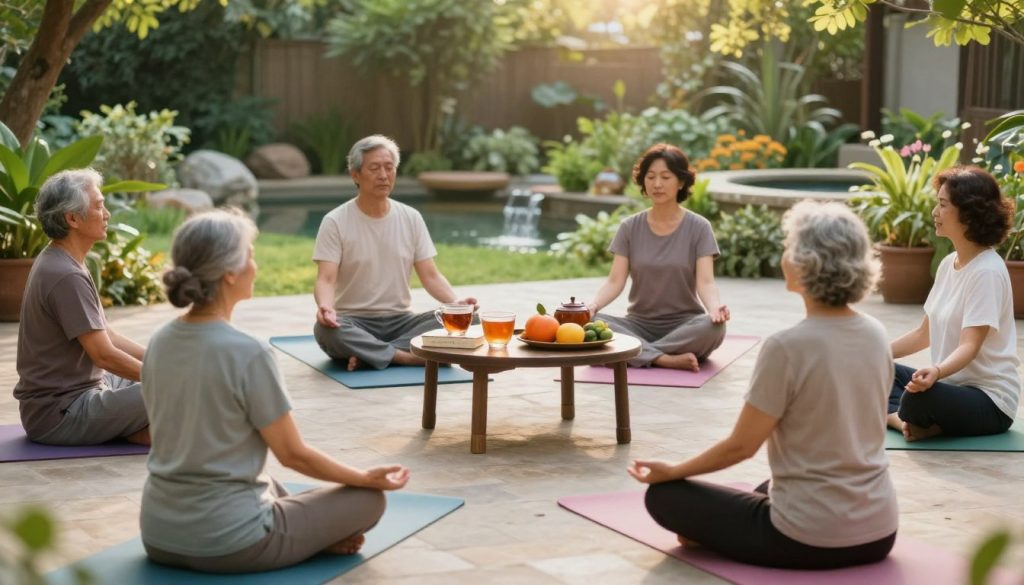 A serene wellness scene depicting holistic health practices for longevity. In the foreground, a diverse group of individuals in modest casual attire practice yoga on colorful mats, demonstrating mindfulness and balance. In the middle ground, a small table displays herbal teas, fresh fruits, and natural wellness books, symbolizing nourishing lifestyle choices. The background features a lush garden with vibrant greenery and a tranquil water feature, creating a calming atmosphere. Soft, natural lighting filters through the trees, illuminating the scene with a warm glow, evoking a sense of peace and wellness. The overall mood is inviting, harmonious, and focused on the essence of holistic health. A serene wellness scene depicting holistic health practices for longevity. In the foreground, a diverse group of individuals in modest casual attire practice yoga on colorful mats, demonstrating mindfulness and balance. In the middle ground, a small table displays herbal teas, fresh fruits, and natural wellness books, symbolizing nourishing lifestyle choices. The background features a lush garden with vibrant greenery and a tranquil water feature, creating a calming atmosphere. Soft, natural lighting filters through the trees, illuminating the scene with a warm glow, evoking a sense of peace and wellness. The overall mood is inviting, harmonious, and focused on the essence of holistic health.