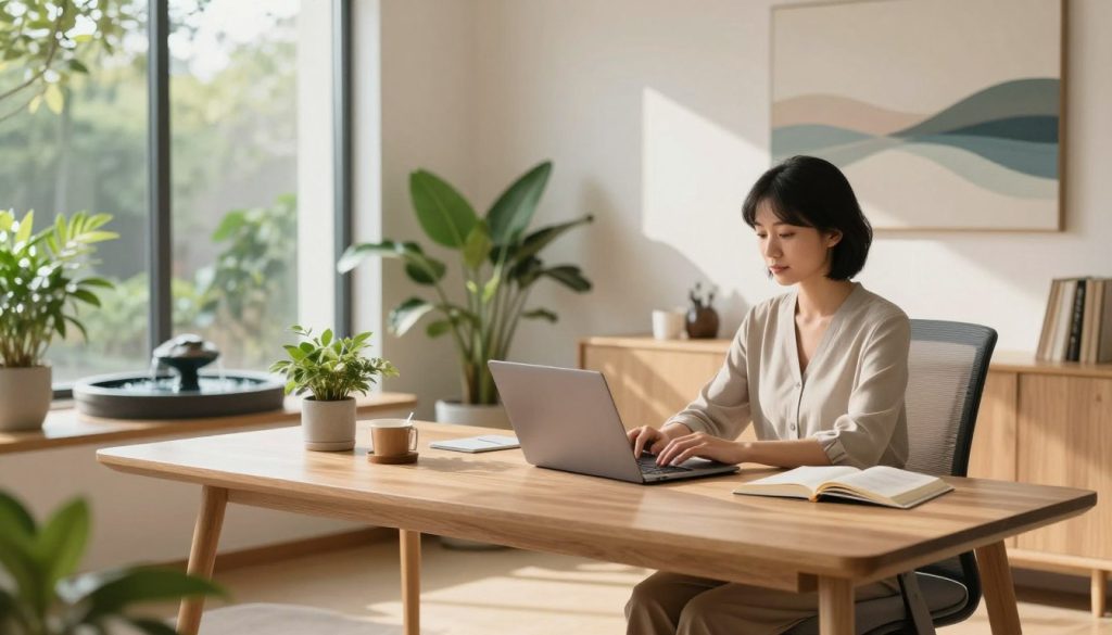 A serene workspace designed for a calm performance lifestyle system, featuring a light wood desk with minimalist organization. In the foreground, a person in professional attire sits peacefully, focused on their laptop, surrounded by soft greenery and natural light pouring in through large windows. In the middle, calming elements like a small indoor water fountain and ergonomic chair create a relaxing atmosphere. The background includes abstract art on the walls, depicting gentle waves and natural landscapes, enhancing tranquility. The lighting is warm and diffused, casting gentle shadows. The overall mood is harmonious and focused, inviting a sense of productivity and mindfulness in a peaceful setting. A serene workspace designed for a calm performance lifestyle system, featuring a light wood desk with minimalist organization. In the foreground, a person in professional attire sits peacefully, focused on their laptop, surrounded by soft greenery and natural light pouring in through large windows. In the middle, calming elements like a small indoor water fountain and ergonomic chair create a relaxing atmosphere. The background includes abstract art on the walls, depicting gentle waves and natural landscapes, enhancing tranquility. The lighting is warm and diffused, casting gentle shadows. The overall mood is harmonious and focused, inviting a sense of productivity and mindfulness in a peaceful setting.