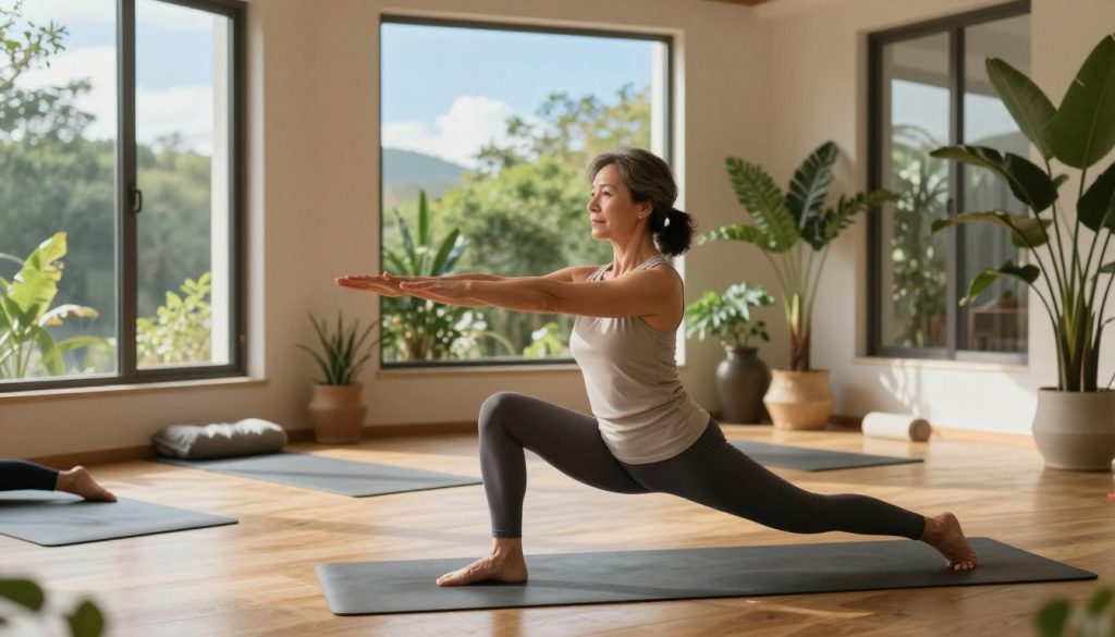 A serene yoga studio bathed in soft, warm natural light filtering through large windows, showcasing a wooden floor and calming indoor plants. In the foreground, a middle-aged woman demonstrates a graceful yoga pose, her expression reflecting tranquility and focus; she is dressed in modest, professional athletic wear. The middle ground features various yoga mats and subtle indicators of movement, like props and gentle cushions. In the background, a peaceful outdoor scene with lush greenery and a clear blue sky can be seen, enhancing the sense of relaxation. The atmosphere is calming and rejuvenating, emphasizing the theme of anti-aging through gentle exercise and stress reduction, with a focus on well-being and mindfulness.
