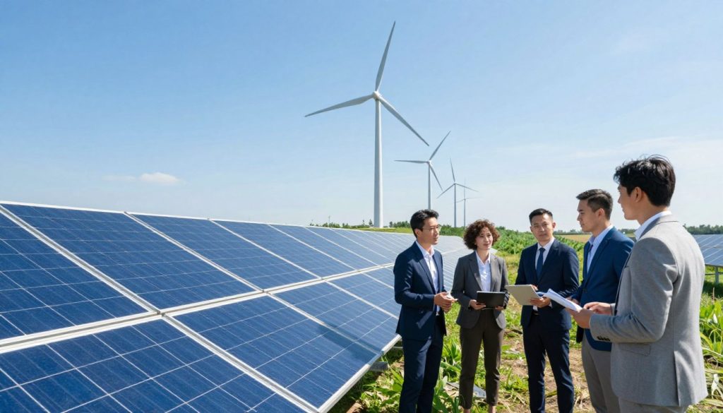 A solar farm stretches across the foreground, with rows of vibrant blue solar panels glistening under the bright sun. In the middle ground, wind turbines gracefully turn against a clear sky, symbolizing harnessed energy. To the right, a group of diverse professionals in smart business attire discuss renewable energy strategies, their expressions motivated and focused. The background features a lush green landscape merging into a pristine horizon, highlighting a sustainable future. Natural lighting enhances the optimism of the scene, while the angle captures both the scale of technology and the collaborative human effort. The overall mood conveys innovation and hope, illustrating the commitment to renewable energy solutions.