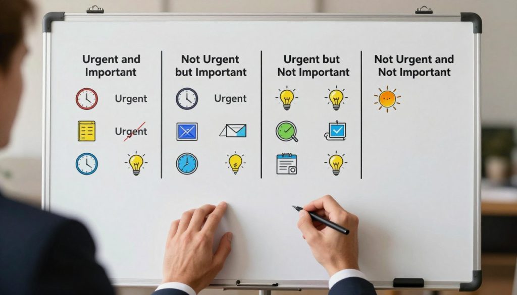 A top-down view of the Eisenhower Matrix depicted on a clean white board, divided into four quadrants labeled: 'Urgent and Important', 'Not Urgent but Important', 'Urgent but Not Important', and 'Not Urgent and Not Important'. Each quadrant is filled with colorful icons representing various tasks, like a clock for 'Urgent' and a light bulb for 'Important'. In the foreground, a pair of professional hands, dressed in business attire, are seen writing on a notepad, suggesting engagement with the matrix. The background is softly blurred to emphasize the matrix, with warm, diffused lighting creating a calm and focused atmosphere. The overall mood is organized and productive, perfect for illustrating effective prioritization strategies.