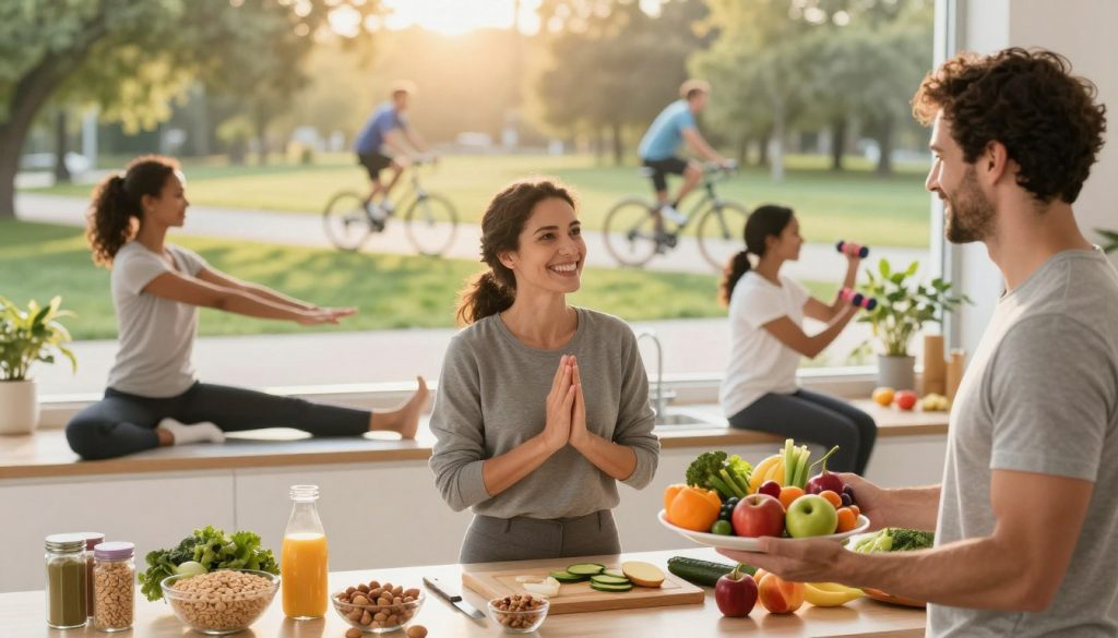 A vibrant scene depicting the synergy of a balanced diet and exercise. In the foreground, a diverse group of three individuals, dressed in professional yet casual clothing, enthusiastically interacting. One person holds a colorful plate filled with fresh fruits and vegetables, while the other two demonstrate a variety of exercises, like yoga poses or light weights. In the middle ground, a sunlit kitchen is visible, showcasing a well-organized healthy food preparation area with whole grains, nuts, and proteins. The background features a serene outdoor park where people jog and cycle, bathed in warm, golden hour lighting that creates an uplifting and inspiring mood. The composition emphasizes harmony between nutrition and fitness, inviting viewers to envision a high-performance lifestyle.