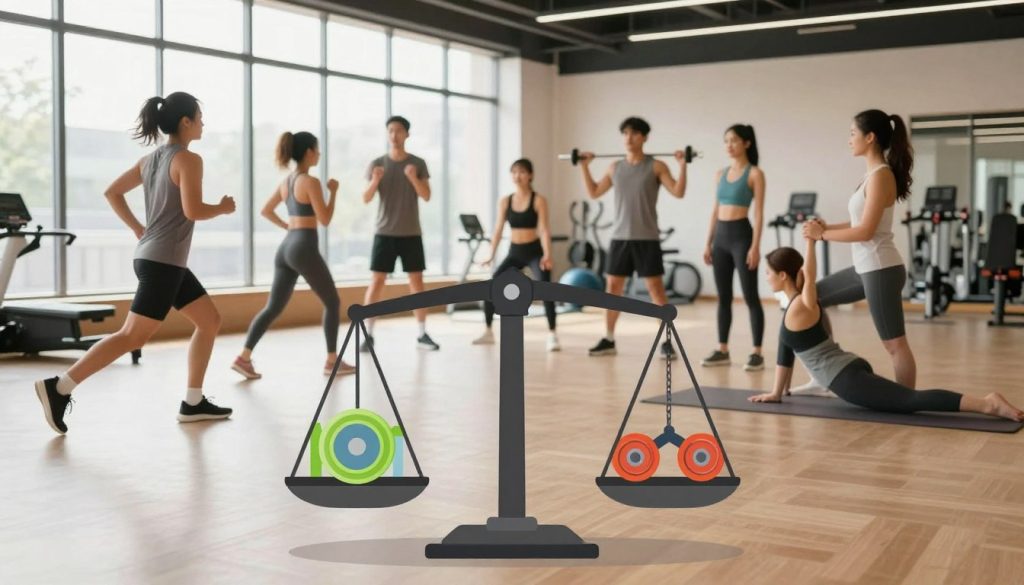 A well-rounded workout plan visualized as a balanced scale, symbolizing harmony between various exercise types. In the foreground, an illustrated scale with weights representing cardio, strength training, flexibility, and balance exercises, each uniquely designed to reflect their category. In the middle, a diverse group of individuals in professional athletic wear engaged in different workouts: one person running, another lifting weights, a third practicing yoga. The background features a gym setting, well-lit with natural light streaming through large windows, creating an uplifting atmosphere. Use a wide-angle shot to capture the dynamic interaction among the group, showcasing teamwork and focus. The mood is motivational and energetic, encapsulating a sense of commitment to health and fitness.